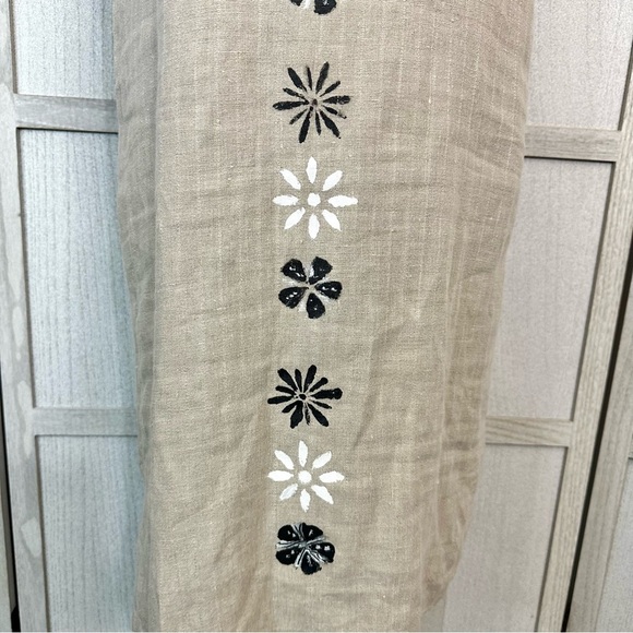 Vintage Eileen Fisher Midi Dress Beige 100% Linen Black Wht Flower Sleeveless M - Picture 2 of 9
